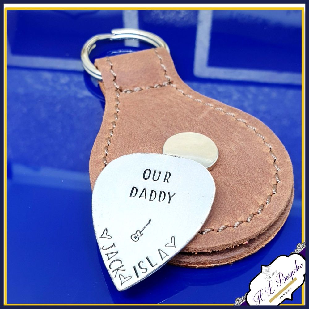 Personalised Sterling Silver Dad Guitar Pick With Leather Case - Music Gift For Daddy - Daddy Guitar Pick - Father's Day Keyring Guitar Pick