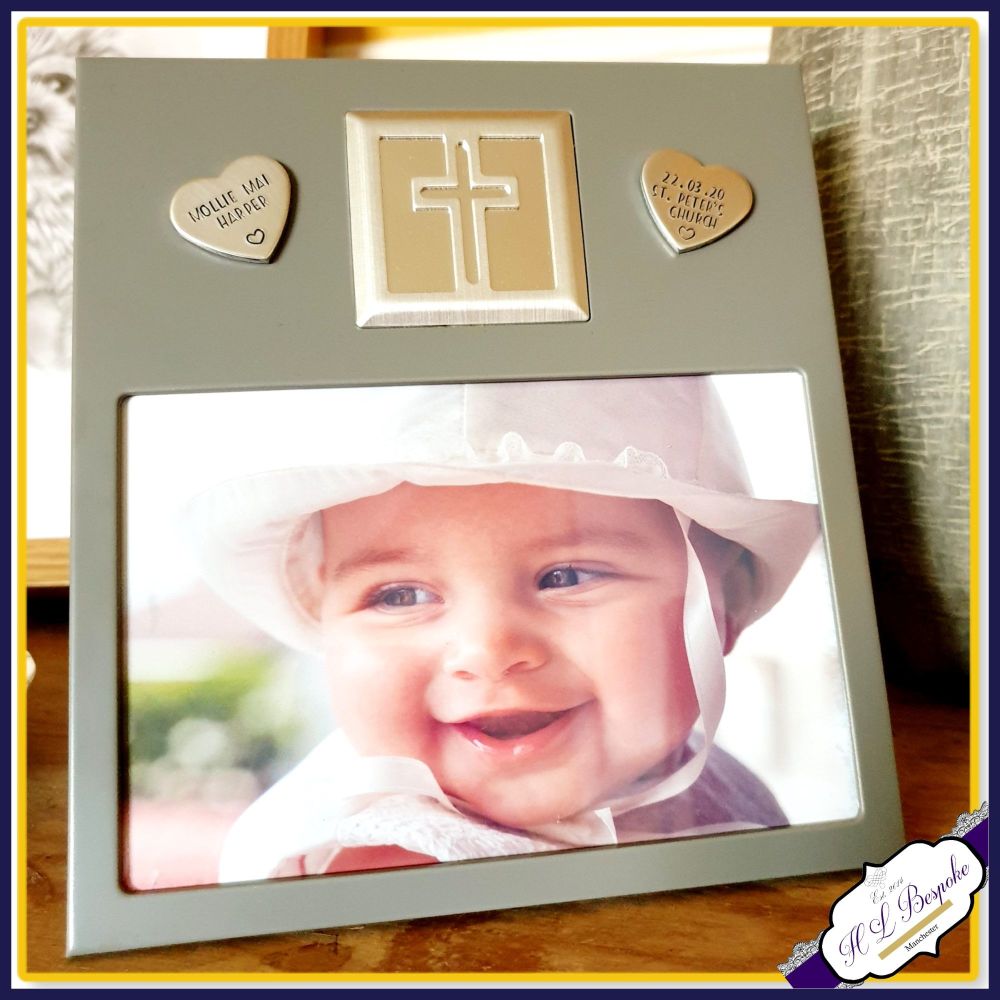 Personalised Christening Photo Frame - Christening Gift With Cross For Baby - Religious Communion Gift - Metal Picture Frame For Baptism