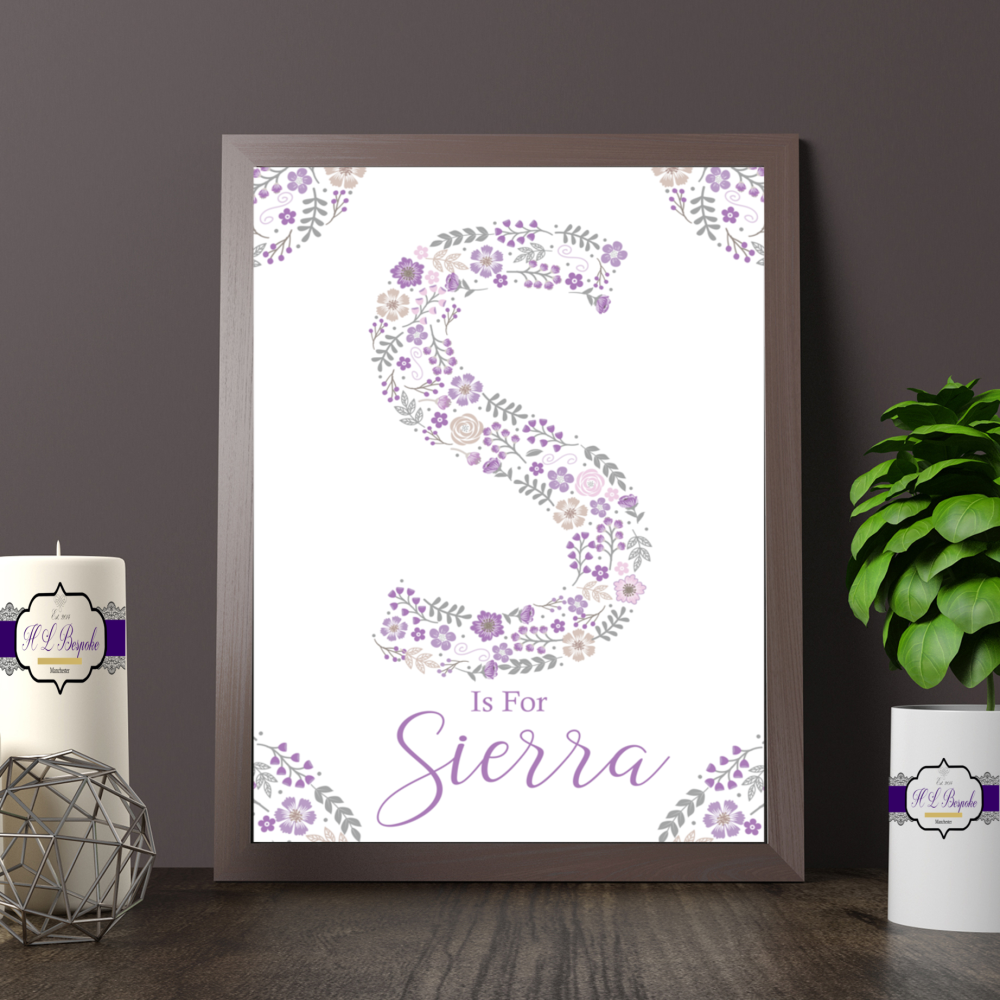Personalised Purple Floral Letter Print For Baby Girl Nursery - Is For Mono