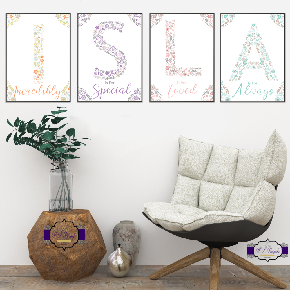 Personalised Full Name Floral Letter Print For Baby Girl Nursery - Is For M