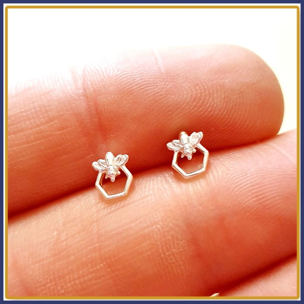 Dainty Silver Bee Stud Earrings on Honeycomb - Honeybee Earrings - Gift For