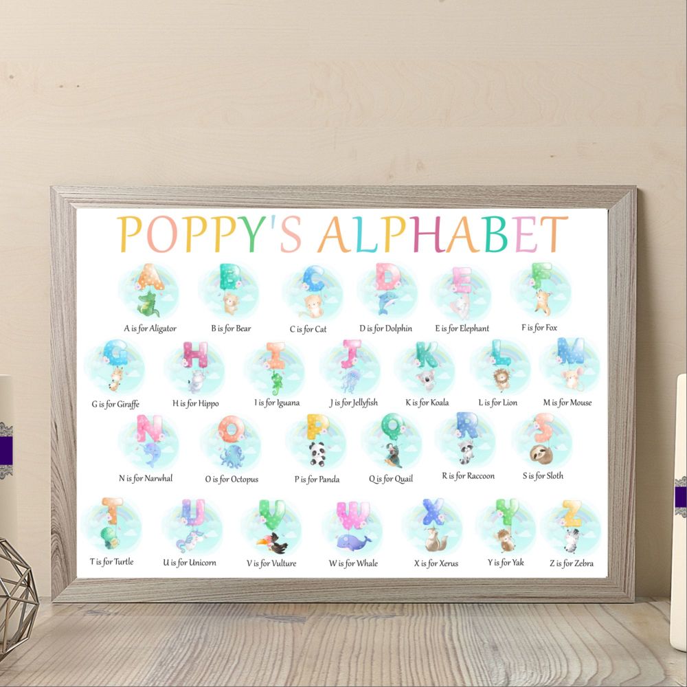 Personalised Baby Girl Animal Alphabet Print - Alphabet Art For Nursery - Aphabet Wall Decor For Baby Bedroom - Nurswery Alphabet Print Gift