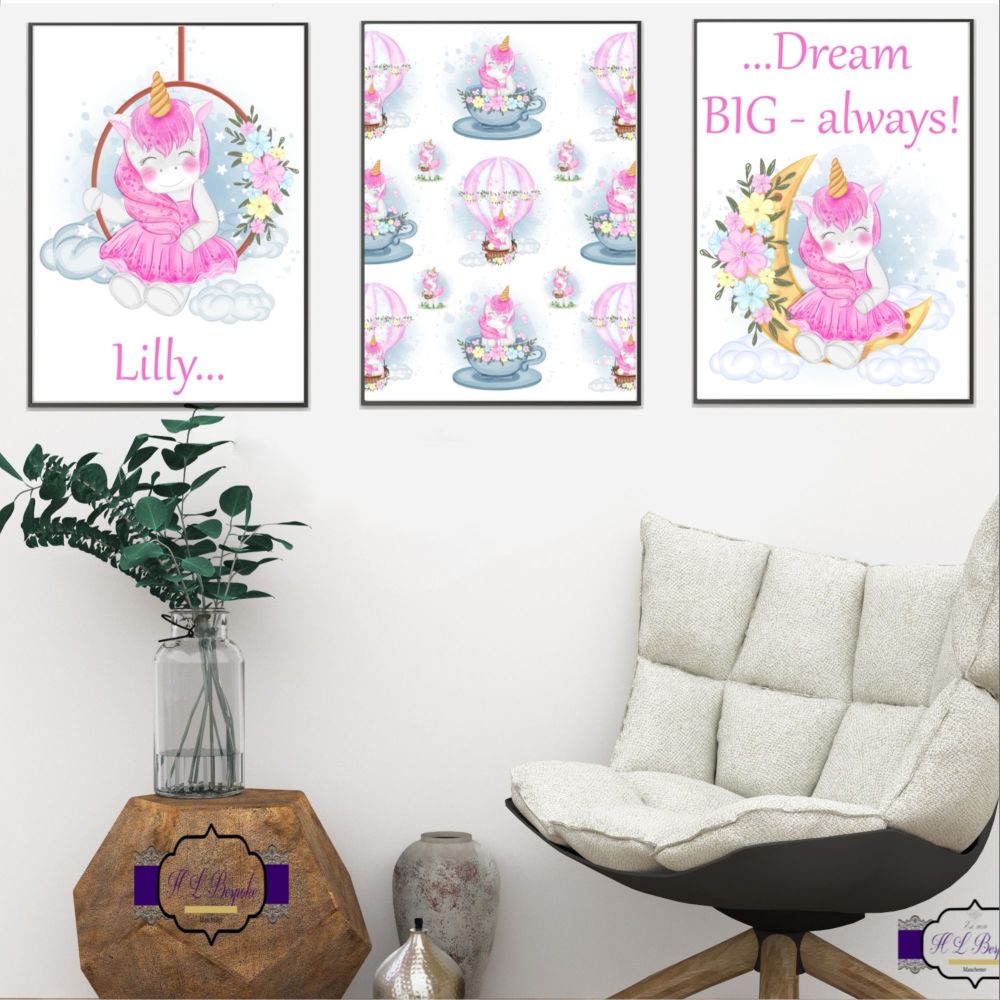 Personalised Adorable Unicorn Bedroom Decor - Dream Big Child Bedroom Wall Prints - Unicorn Decor For Little Girl - Be Who You Want To Be