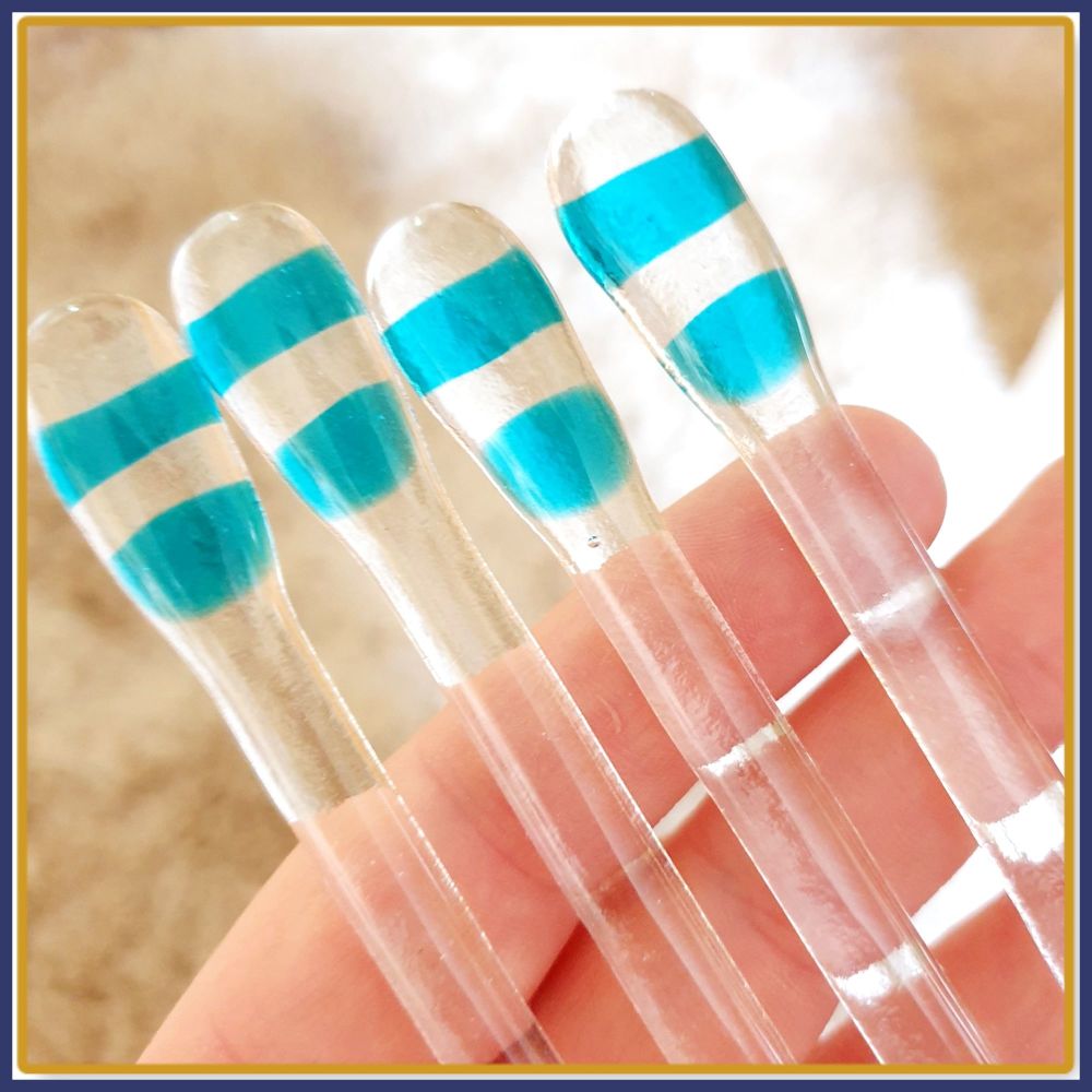 Set Of Four Nautical Themed Fused Glass Swizzle Sticks - Gin Stirrers - Handcrafted Cocktail Stirrers - Blue and Clear / White Drinks Mixers