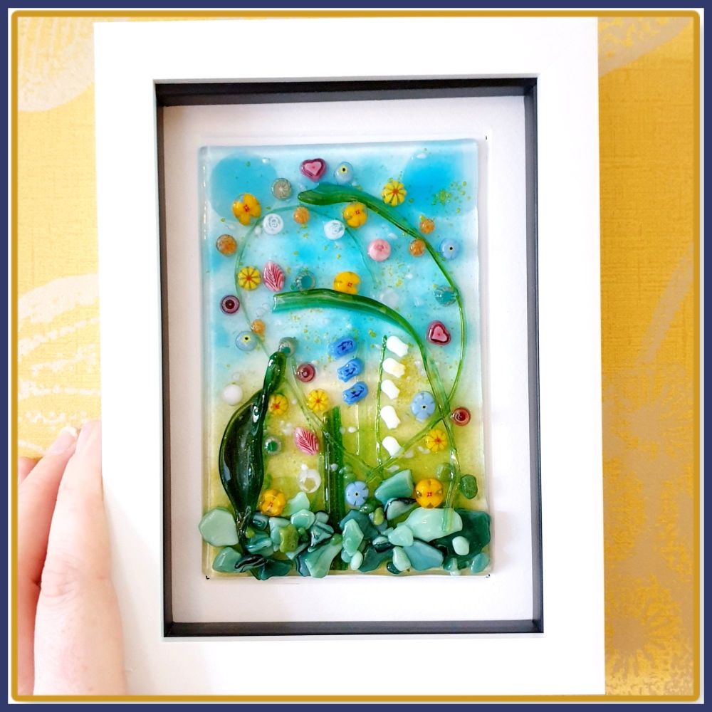 Framed Fused Glass Flower Meadow Garden Wall Art Colourful Meadow