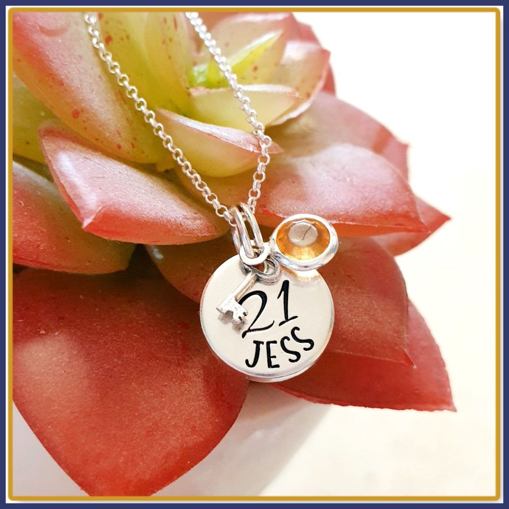 Personalised Sterling Silver 21st Birthday Pendant Necklace With Key To The Door - Jewellery For 21st Birthday - Sweet 16th Birthday For Her
