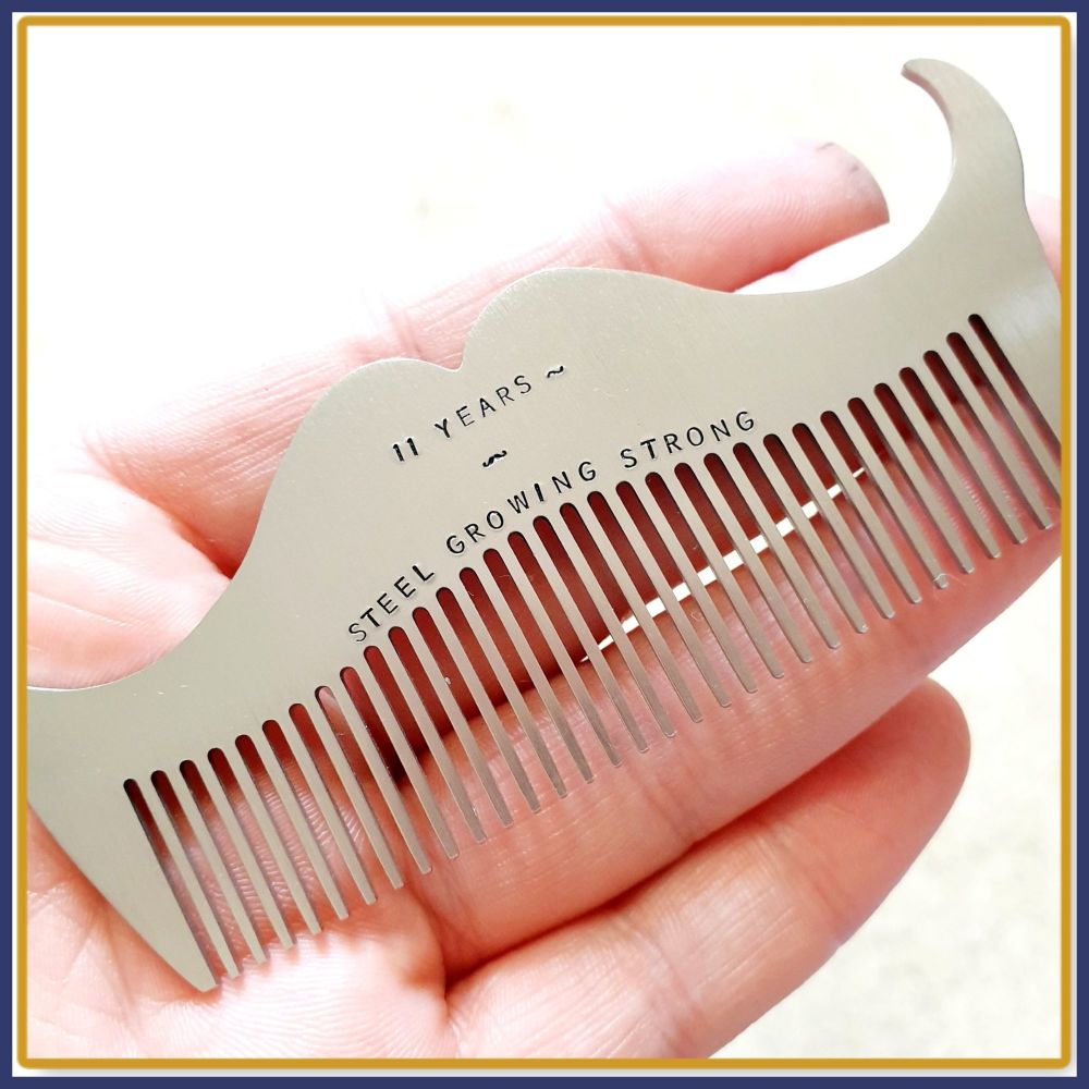 Personalised 11th Anniversary Steel Beard Comb - Stainless Steel Gift For 11th Wedding Anniversary - Beard Comb Gift For Men - Male Grooming