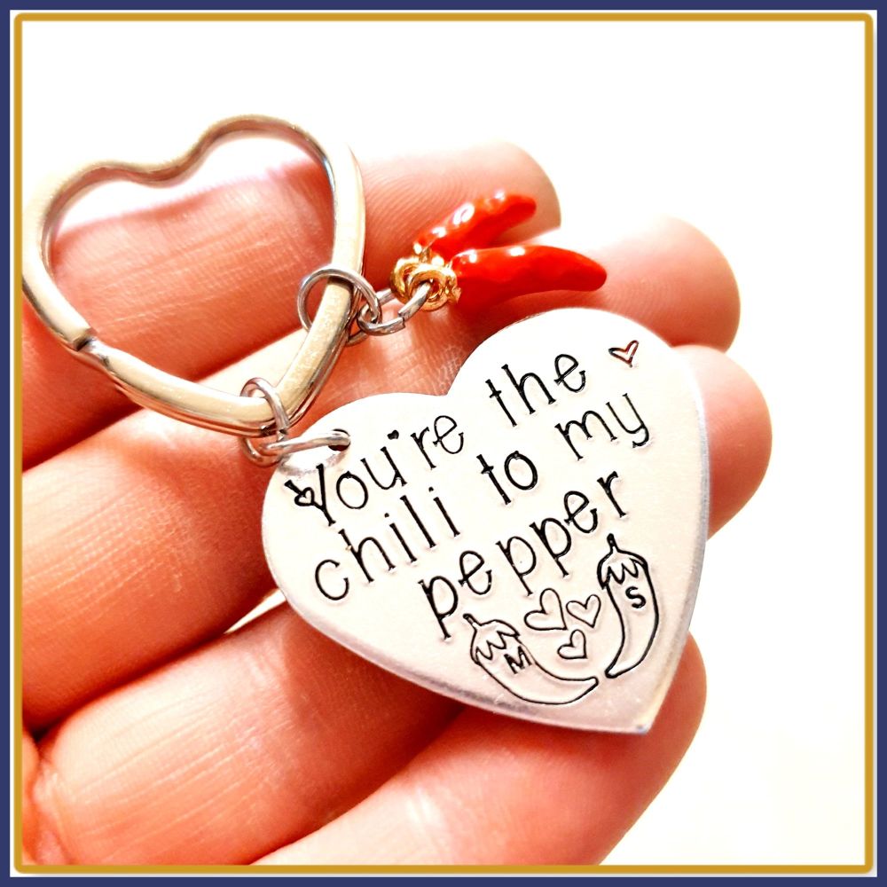 Personalised Cute Chili Pepper Keyring For Couple - Metal Heart Shaped Valentine's Keyring - You're The Chili To My Pepper Keyring - Chili