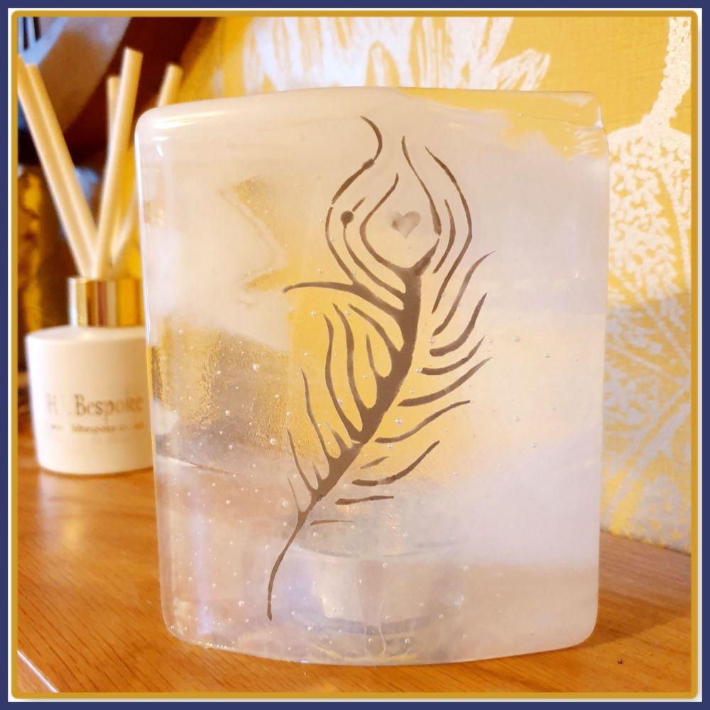 Freestanding Feather Fused Glass Tea Light Candle Wave Art - Memorial Feather Home Decor - Fused Glass Feather Decor