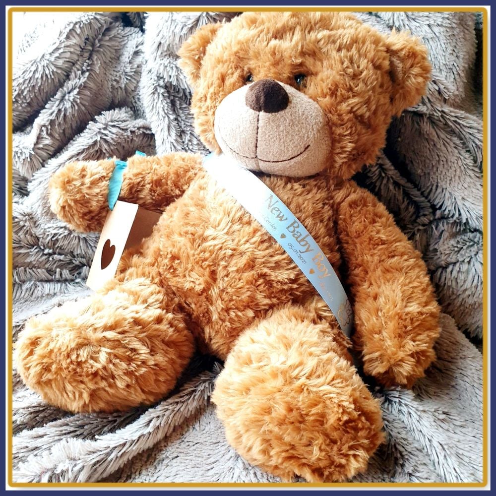 Personalised New Baby Boy Teddy Bear 33cm Brown Bear With Sash