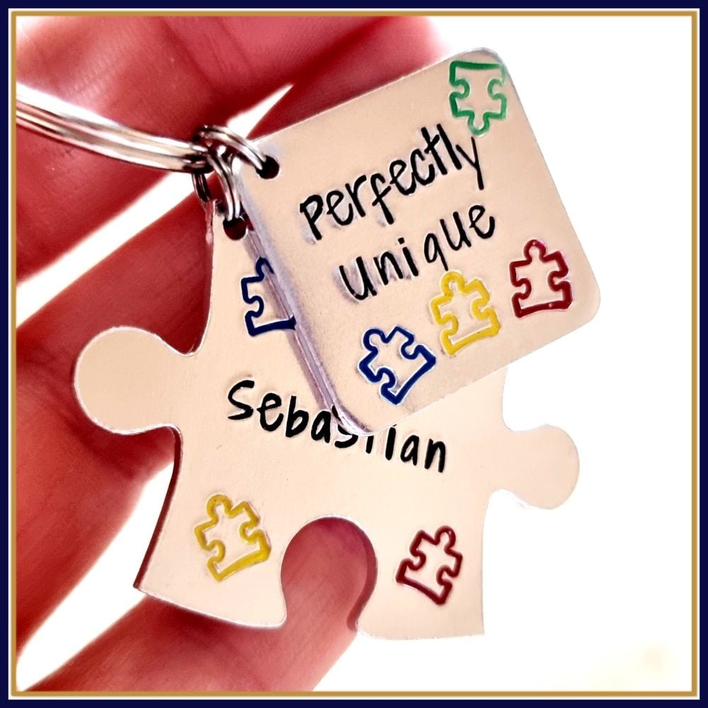 Personalised Autism Keyring - Jigsaw Austism Puzzle Keychain - Perfectly Un