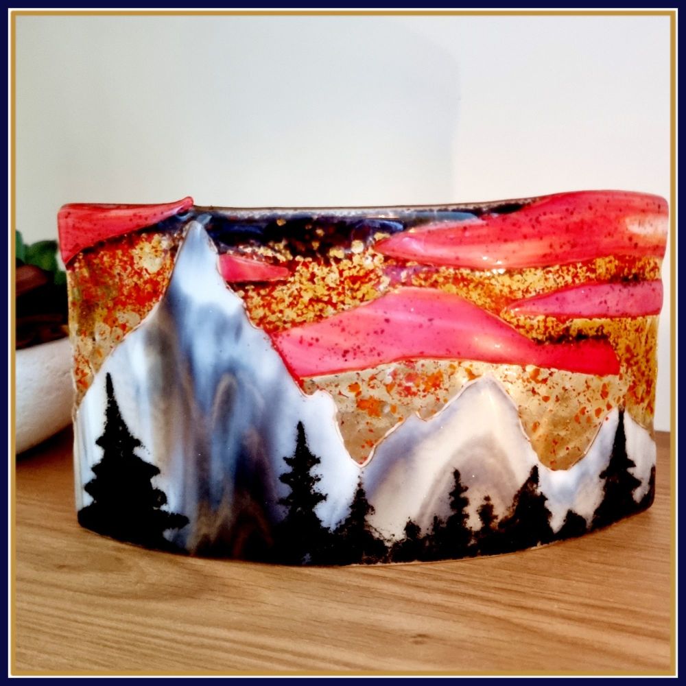 Large Freestanding Fused Glass Mountain Range Art Sunset Mountain