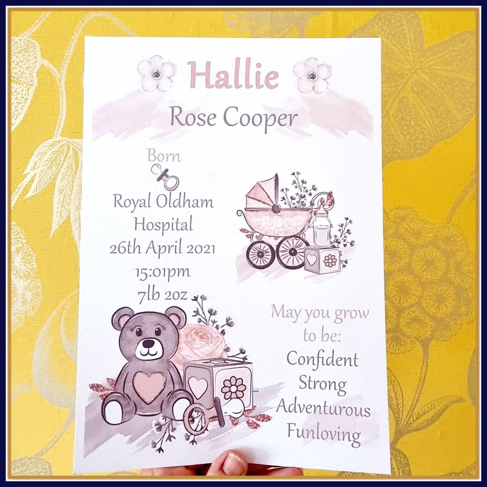 Personalised New Baby Details Print - Gift For New Baby Girl - New Baby Gir