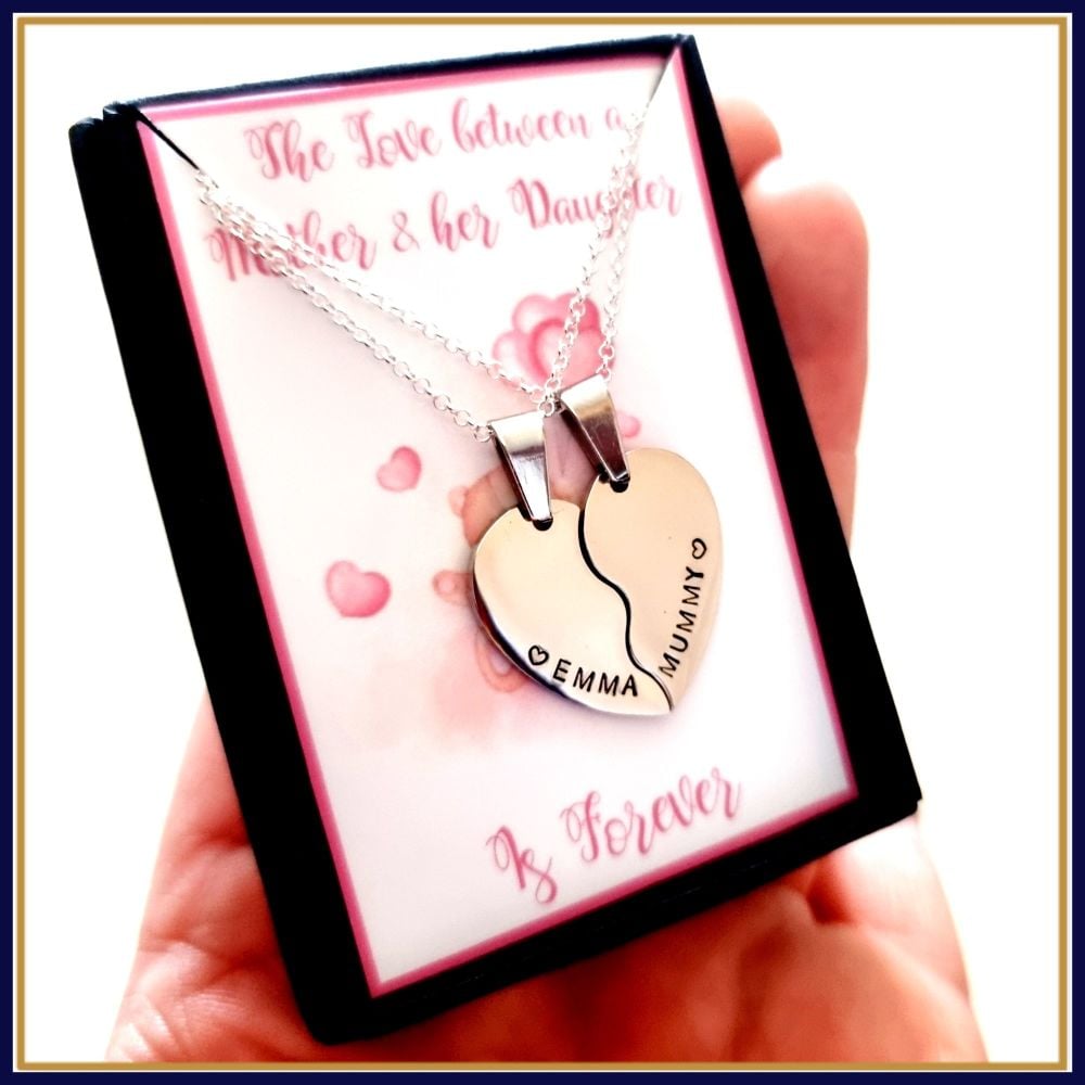 Personalised Mother Daughter Split Heart Pendant Necklace Gift - Daughter Heart Pendant - The Love Between A Mother Daughter Is Forever Gift