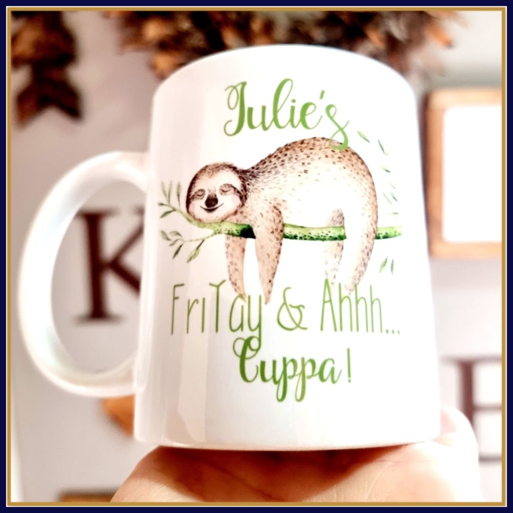 Personalised Friday Feeling Sloth Mug - Sloth Lover Mug Gift - Sloth Stocking Filler - Friyay Mug Gift - Cute Sloth Relaxation Gift For Her