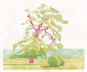 Oak and Yew - moku hanga by Jane Duke