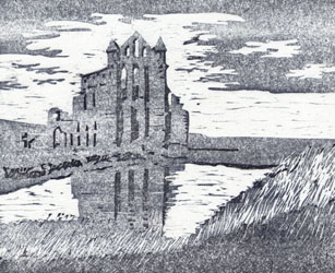 woodcut print of Whitby Abbey