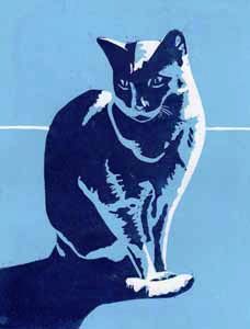 linocut image of a cat by Jane Duke