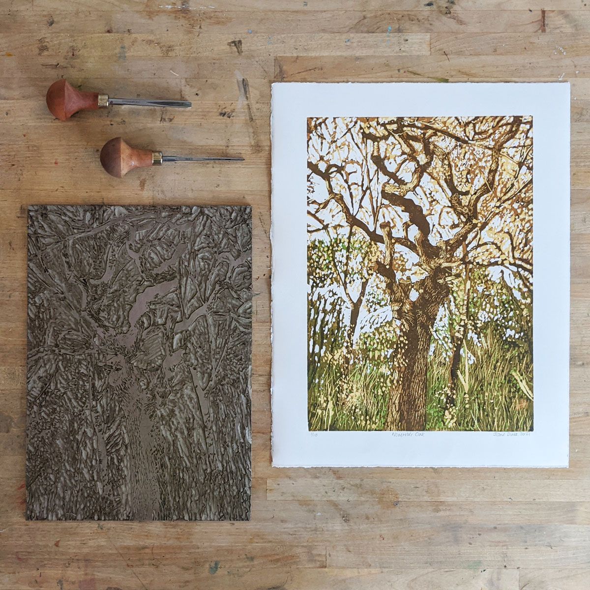 November Oak linoprint