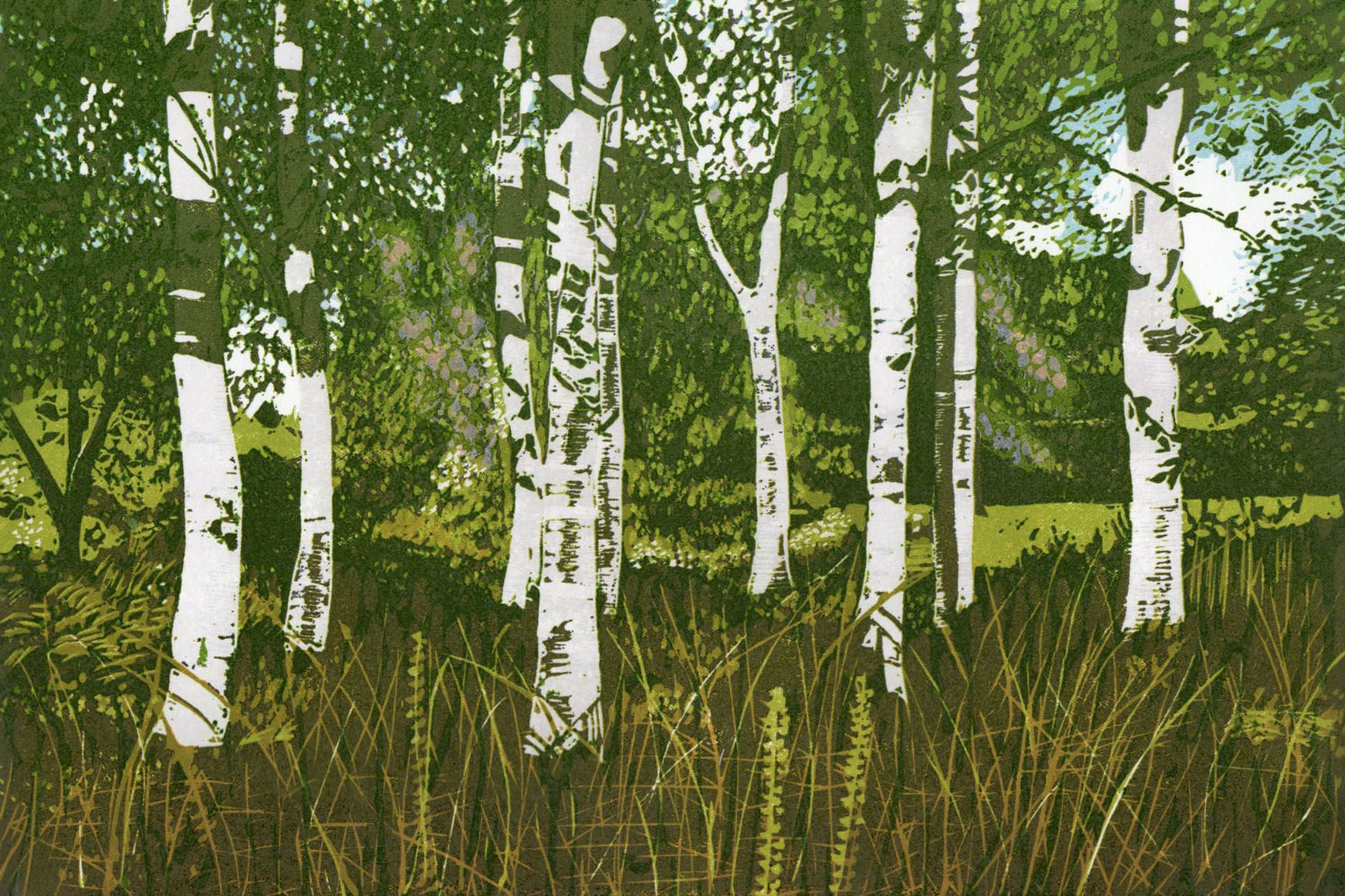 Spring Birches, reduction linoprint by Jane Duke