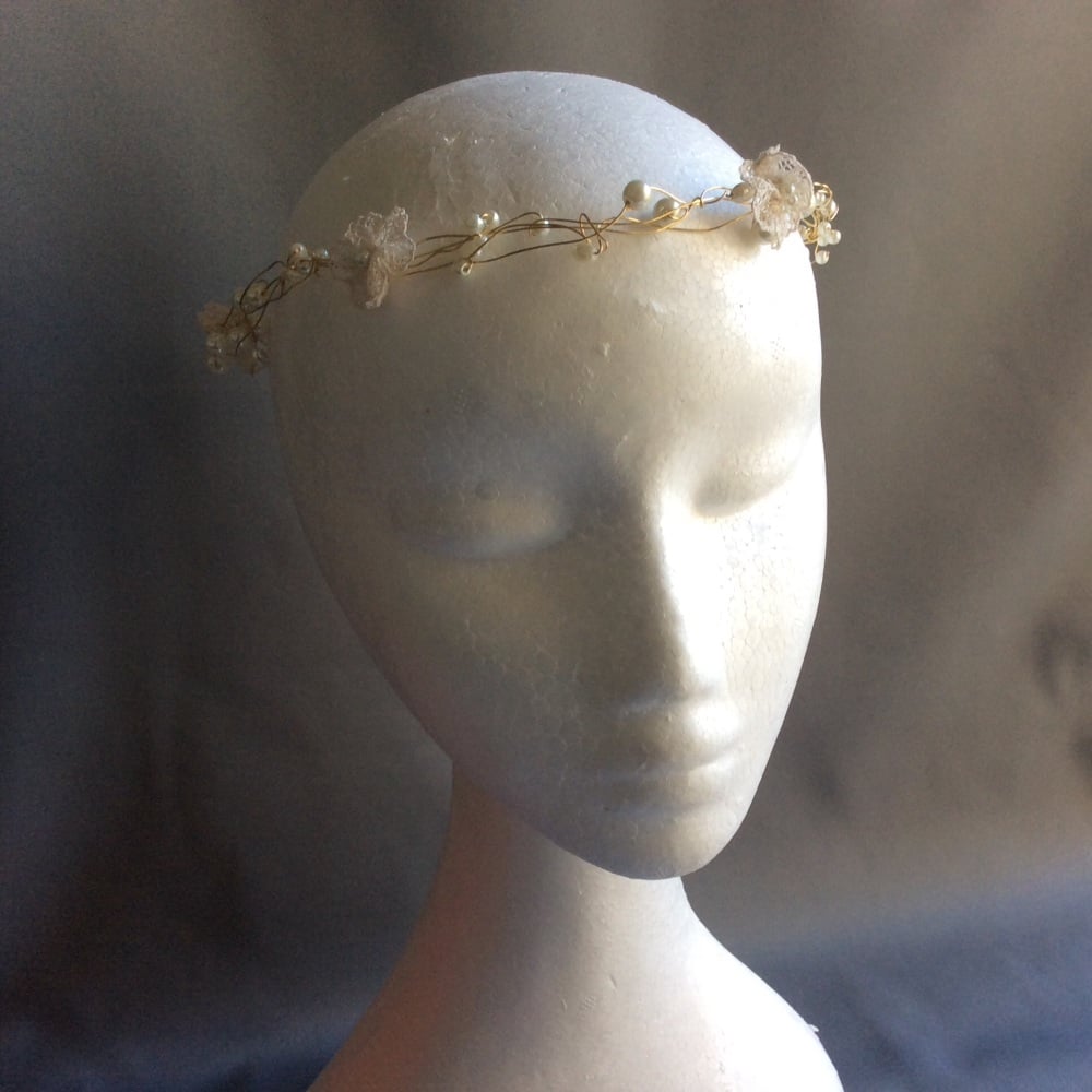 Ivory and gold circlet with vintage lace flowers: Bohemian Dreams Collectio