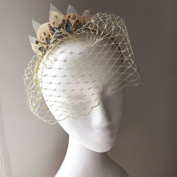 Gold and grey birdcage, races headpiece, alternative wedding