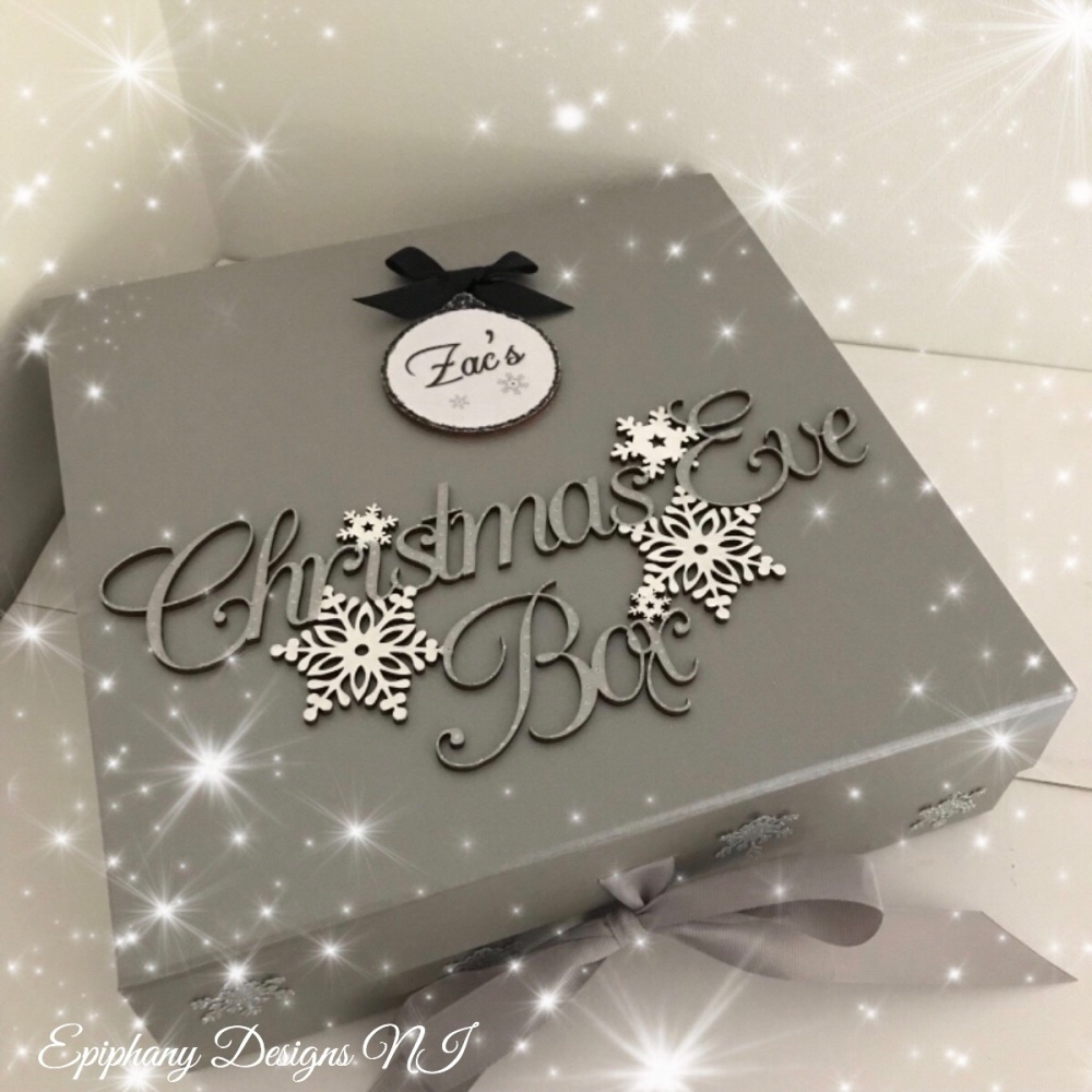 Personalised Silver Christmas Eve Box - vintage font - Black