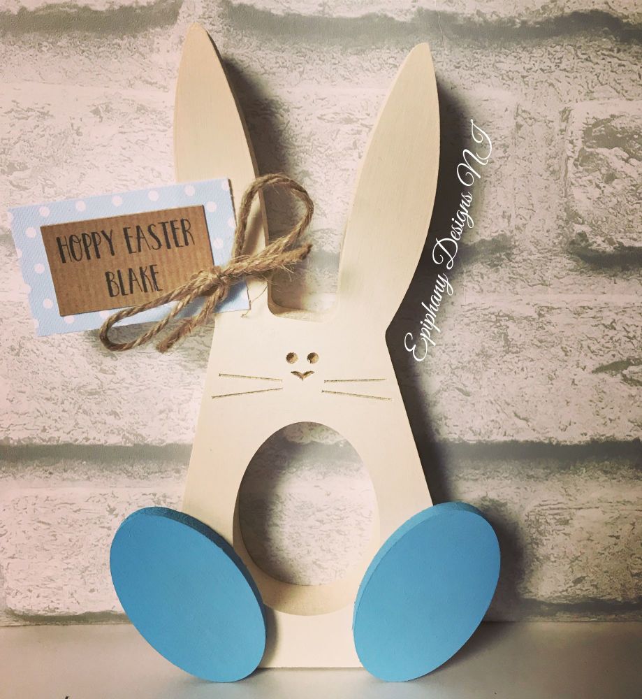 Easter Bunny with wobbly feet egg holder with personalised tag Boys