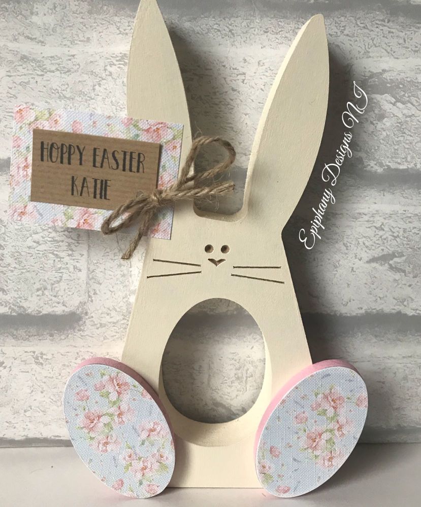 Easter Bunny with wobbly feet egg holder with personalised tag Girls