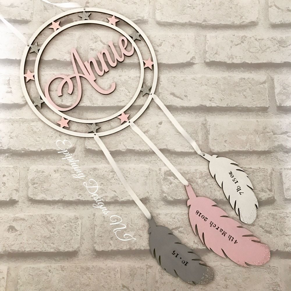 Dream Catcher Personalised with DOB details on Feathers