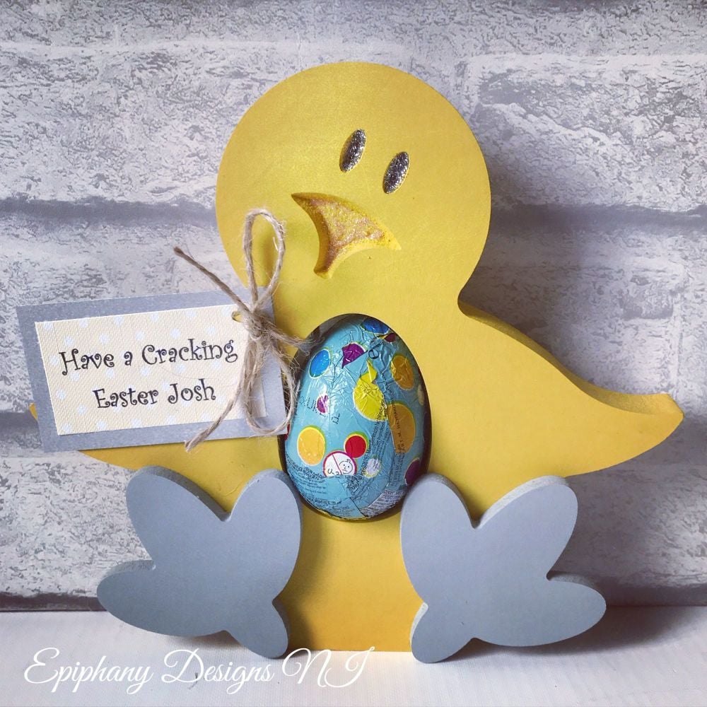 Easter Chick with wobbly feet egg holder with personalised tag