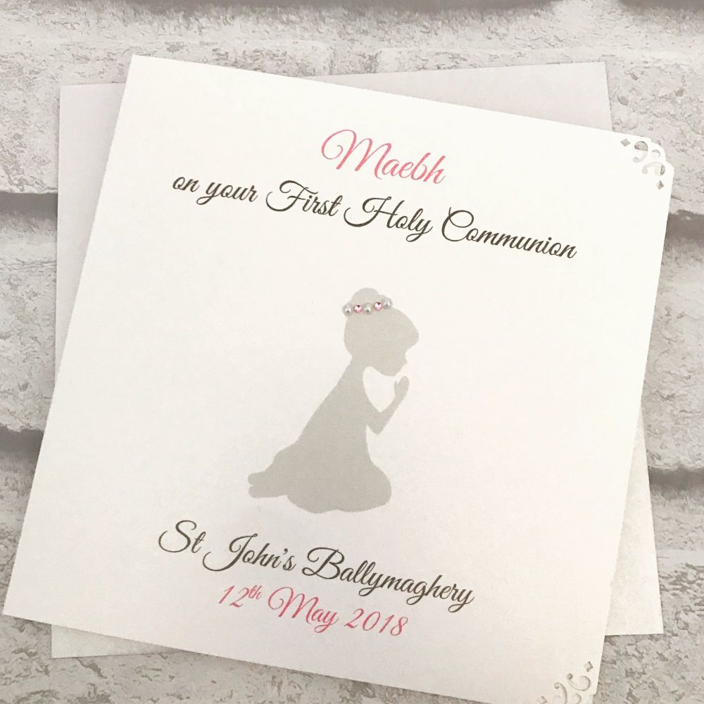 Holy Communion / Confirmation Congratulations Card Personalised Kneeling Silhouette without veil  