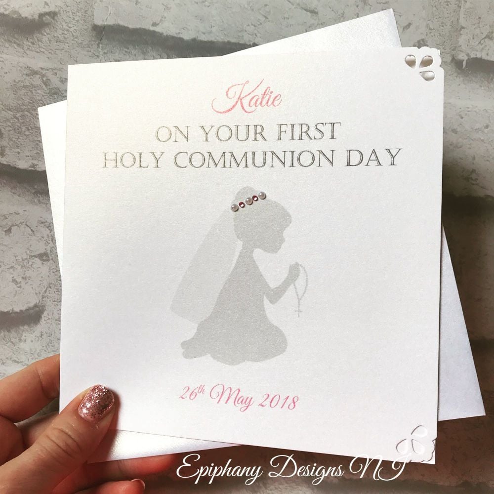 Holy Communion / Confirmation Congratulations Card Personalised Kneeling Silhouette with veil