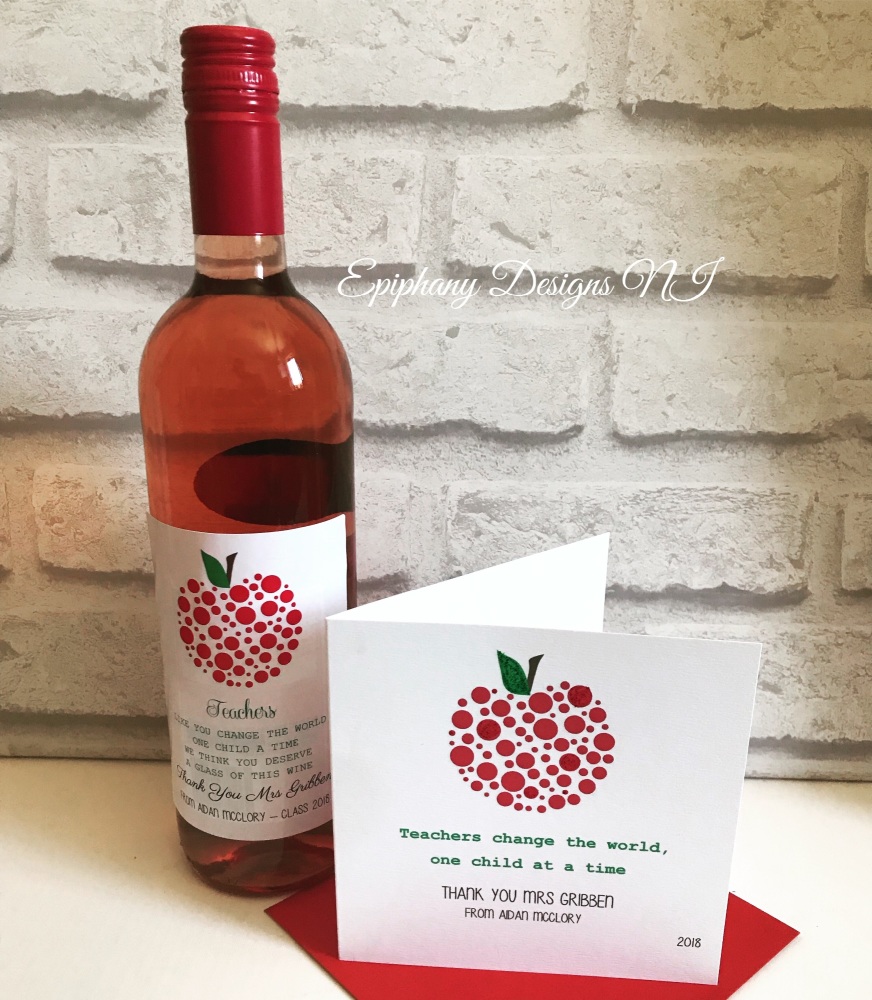 Teacher / Classroom Assistant Thank you Card Dotty Apple and matching wine label