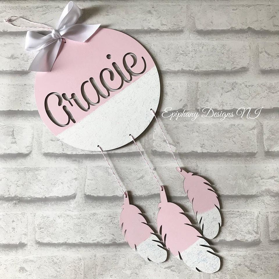 Dream Catcher with name cut out - hanging feathers