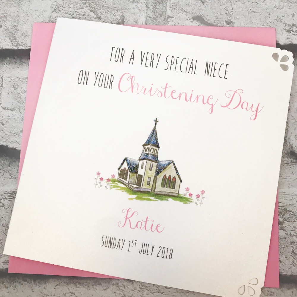 Christening Day Card Personalised - cute church - girls version