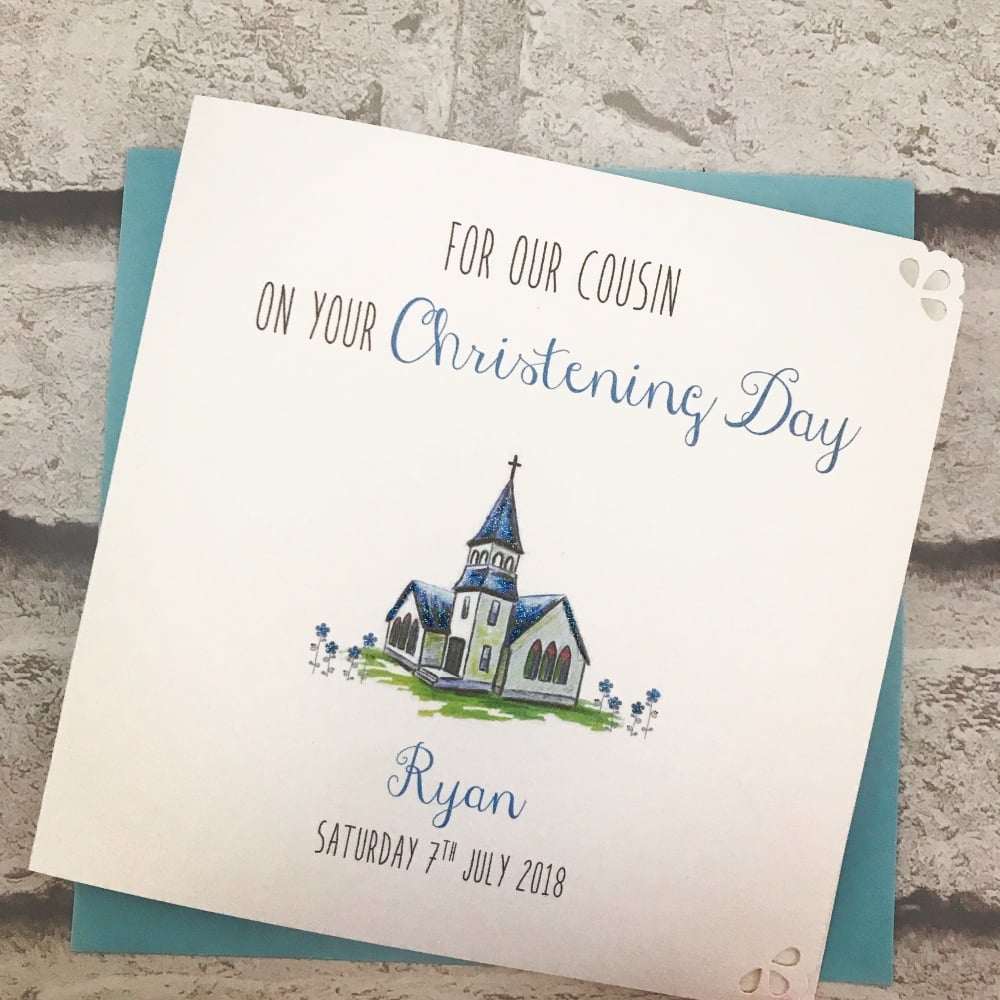 Christening Day Card Personalised - cute church - boys version