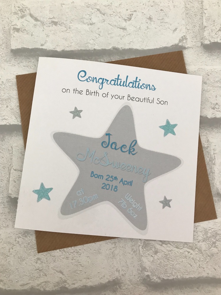 New Baby Congratulations Card with Birth Details - Star