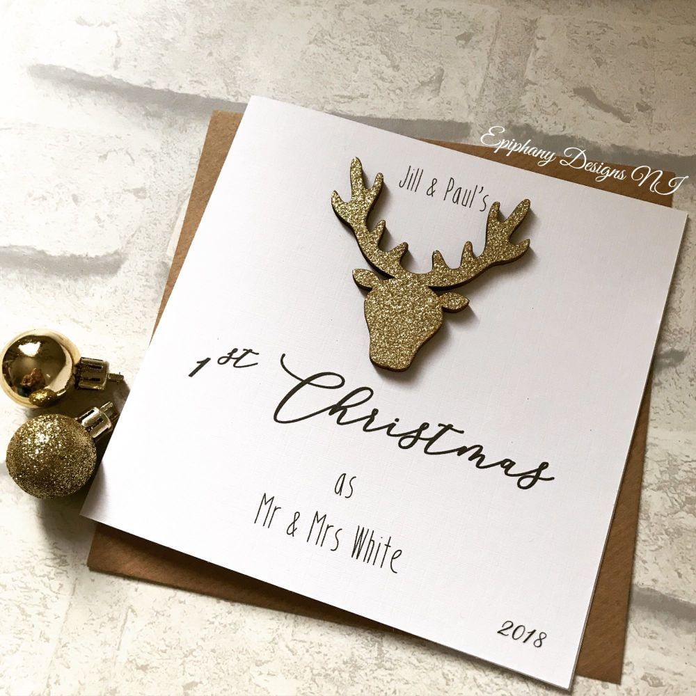 First Christmas Married Personalised Card with Glitter Stag