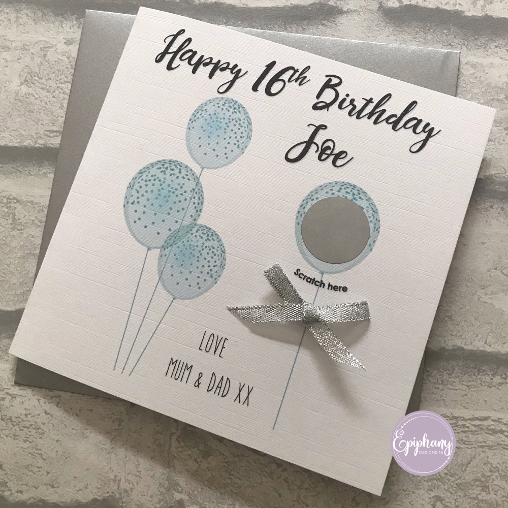 Scratch the Balloons Birthday Card -Silver/Blue