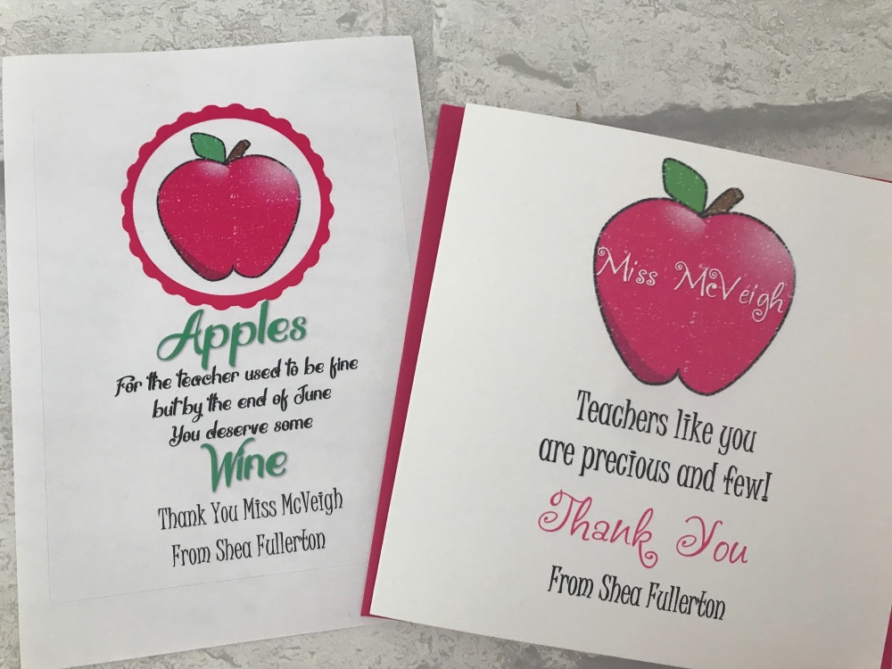 Pink Apple Teacher Appreciation wine label and card