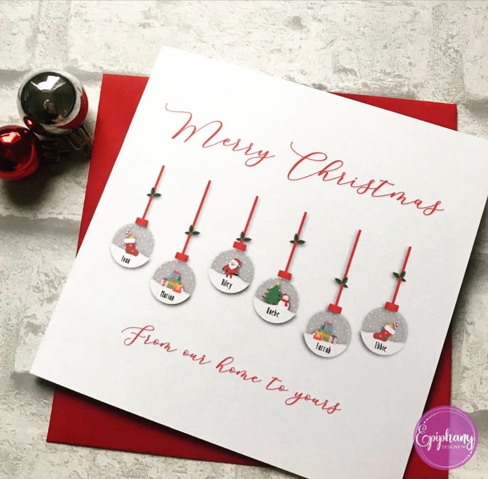 Family Christmas Card Personalised Baubles - standard card, pack 5 or 10