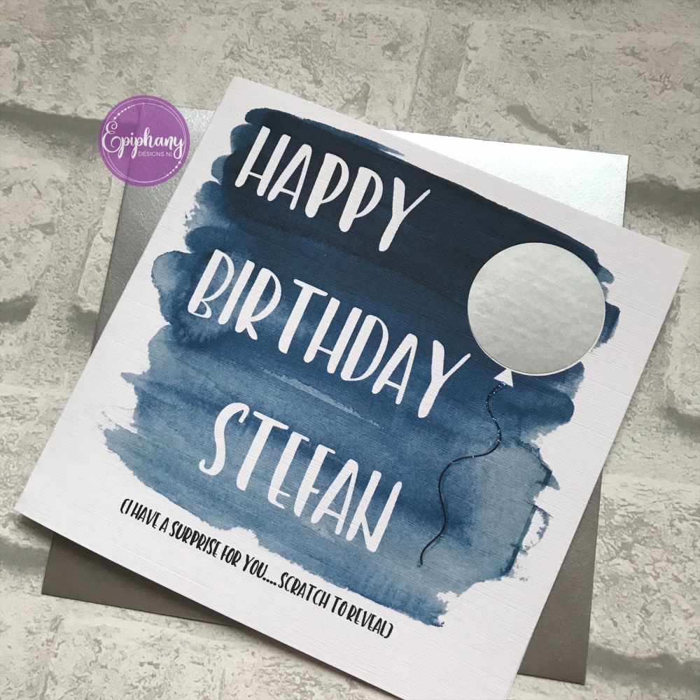 Birthday Card - silver scratch balloon