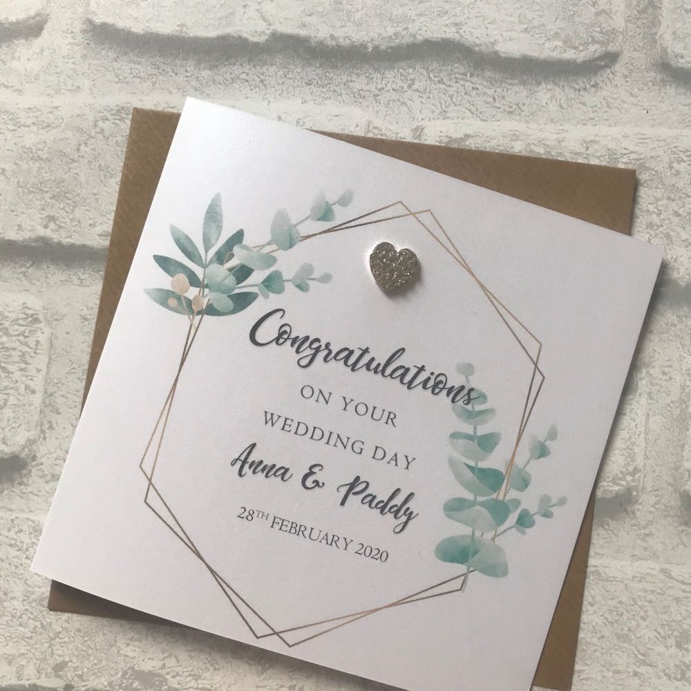 Chic Boutique -  Wedding Congratulations Card - eucalyptus frame with heart embellishment