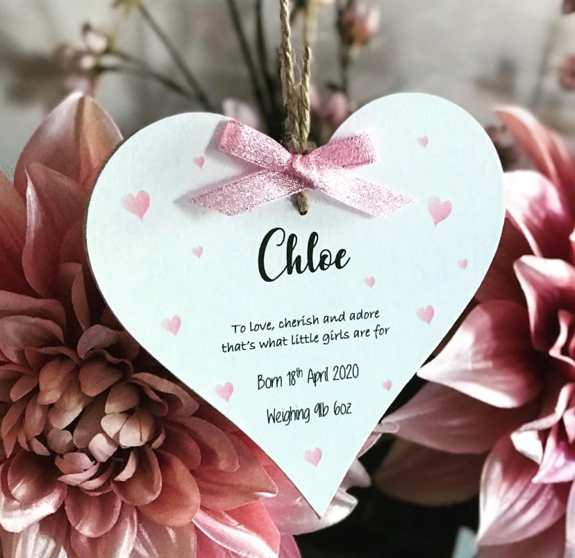  New Baby - heart plaque with birth details 