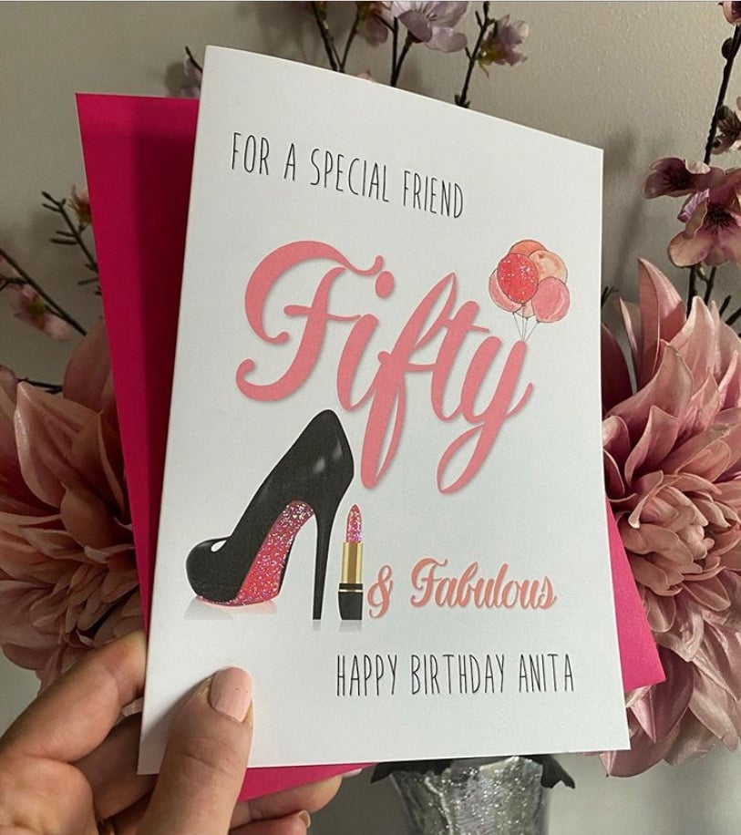 Birthday card - Fifty and fabulous with stiletto 
