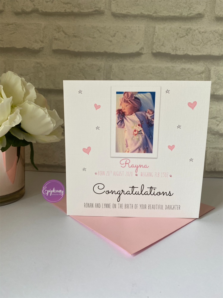 New Baby Girl Congratulations Photo Card with Birth Details