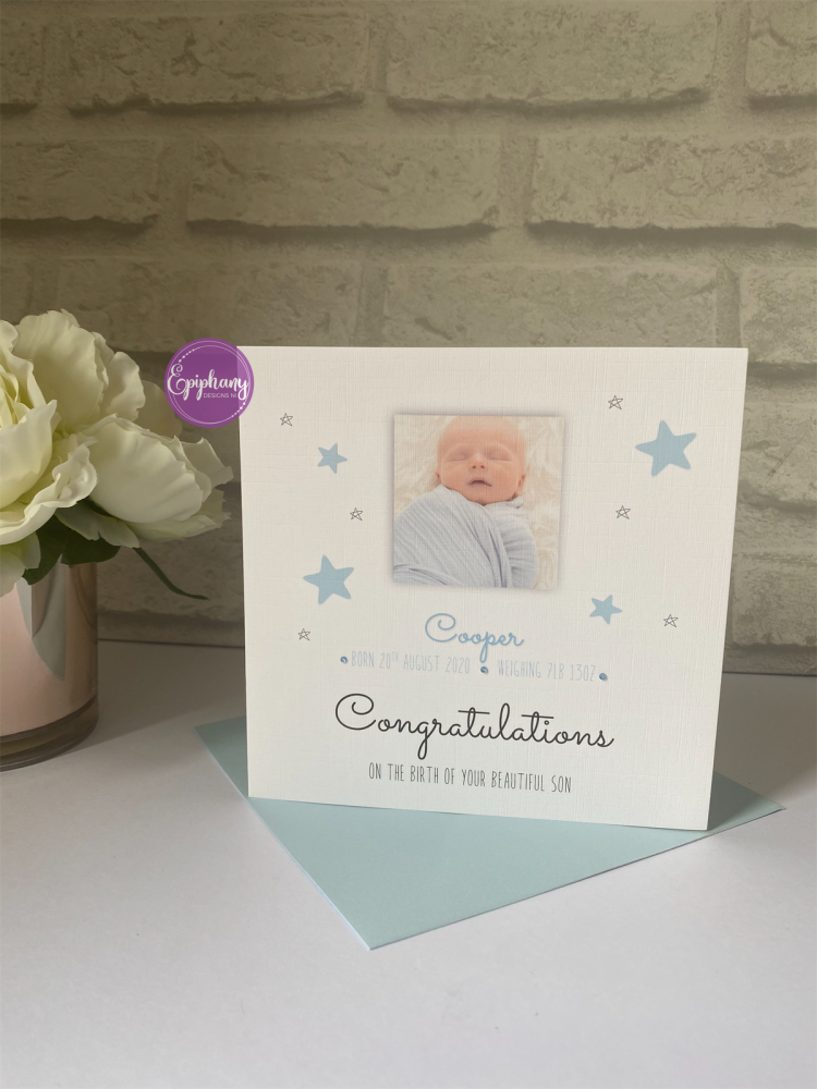 New Baby Boy Congratulations Photo Card with Birth Details
