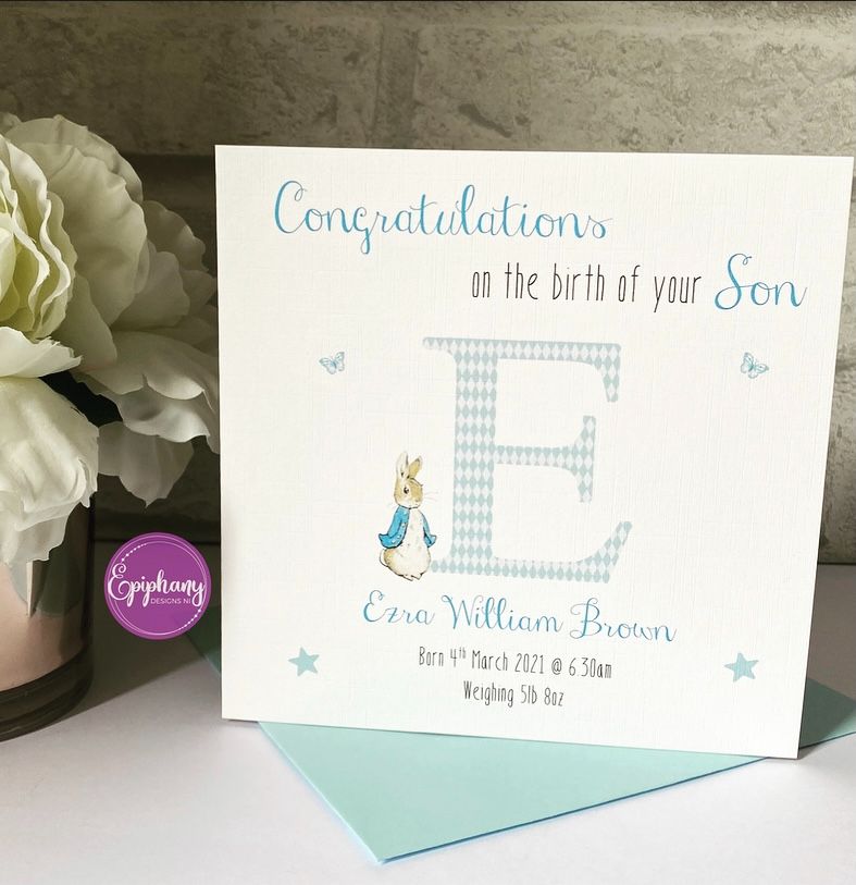 New Baby Boy Congratulations Card with Birth Details - Peter Rabbit