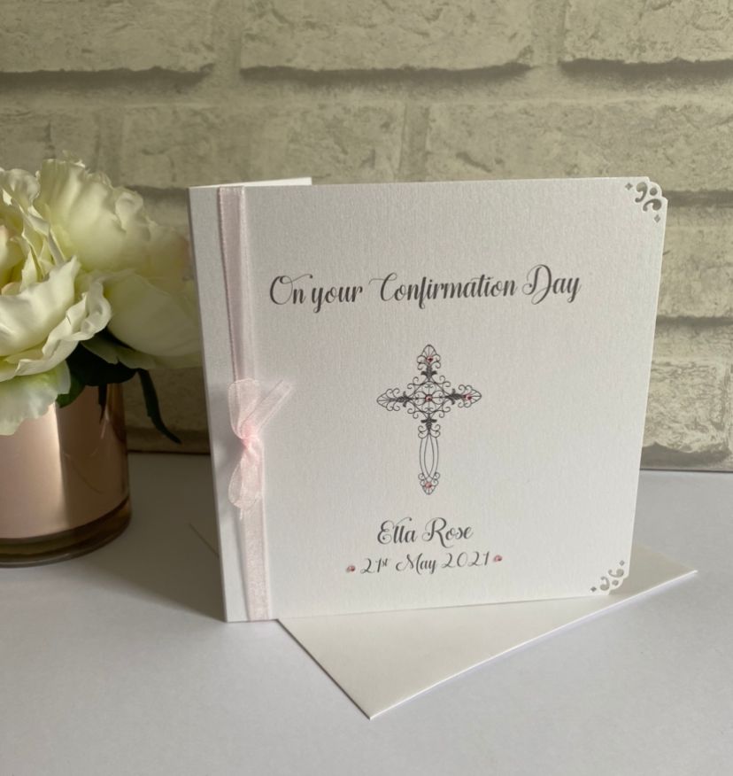 Holy Communion or Confirmation Congratulations Card Personalised with organza ribbon